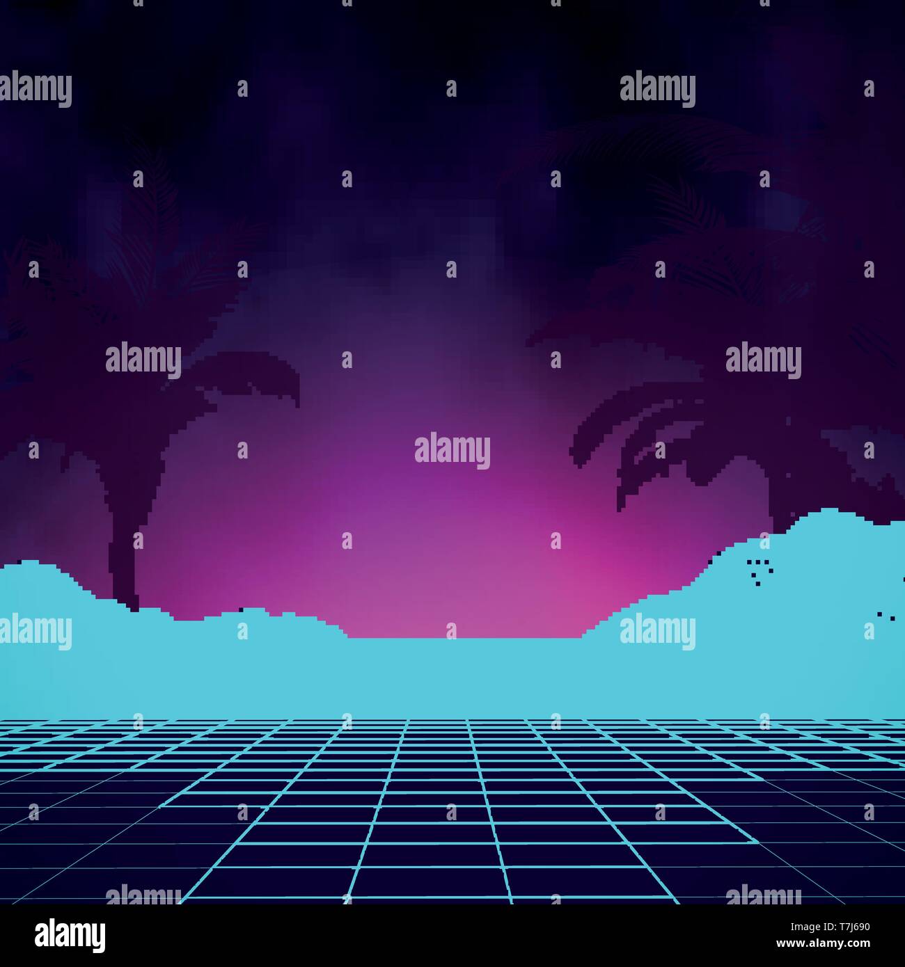 Retro background futuristic landscape with palm tree silhouette 1980s ...