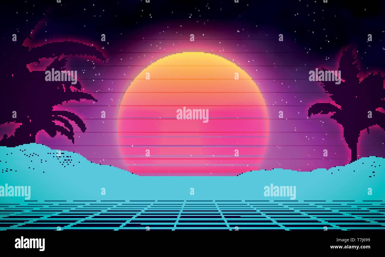 Retro background futuristic landscape with palm tree silhouette 1980s ...