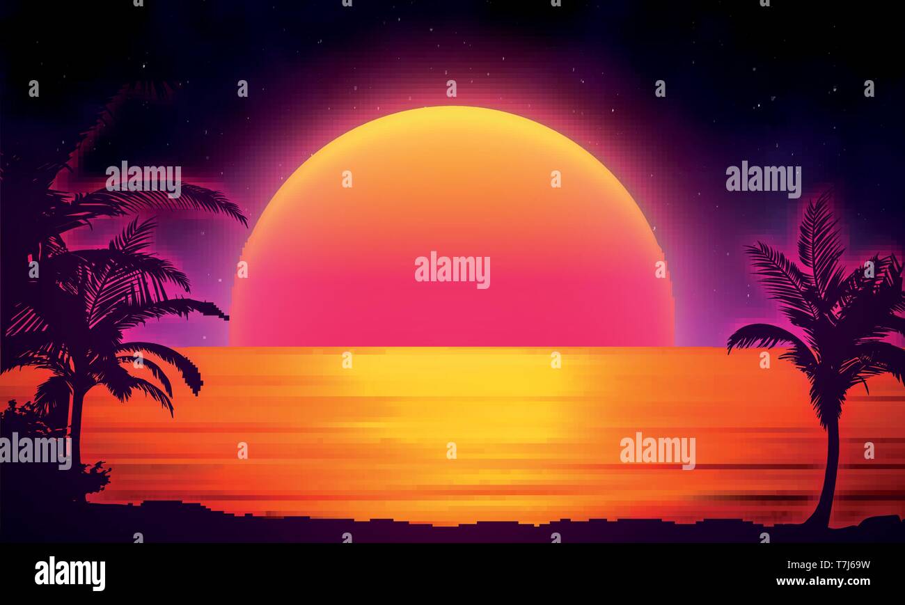 Retro background futuristic landscape with palm tree silhouette 1980s ...