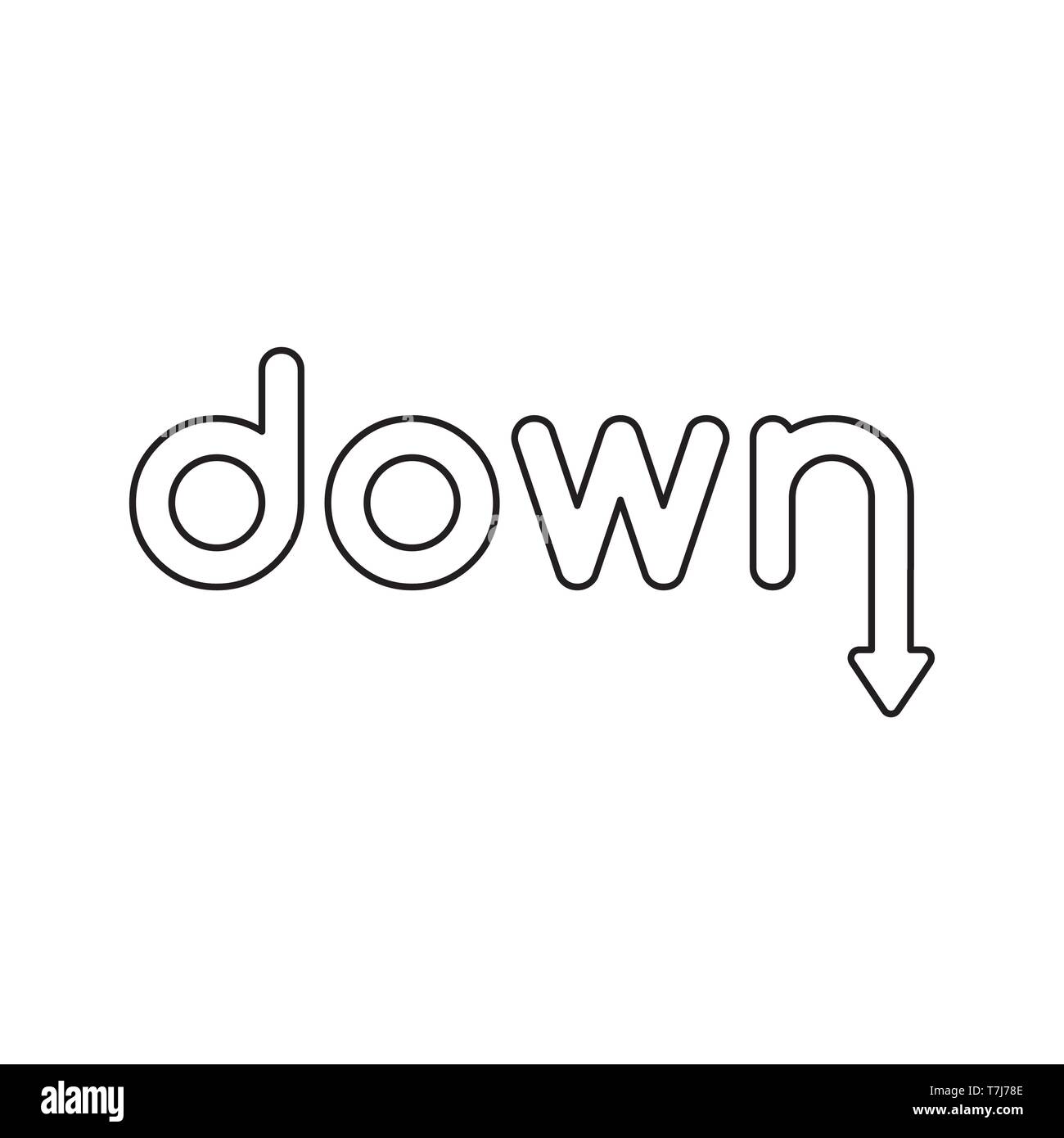 Vector icon concept of down word with arrow moving down. Black outlines. Stock Vector