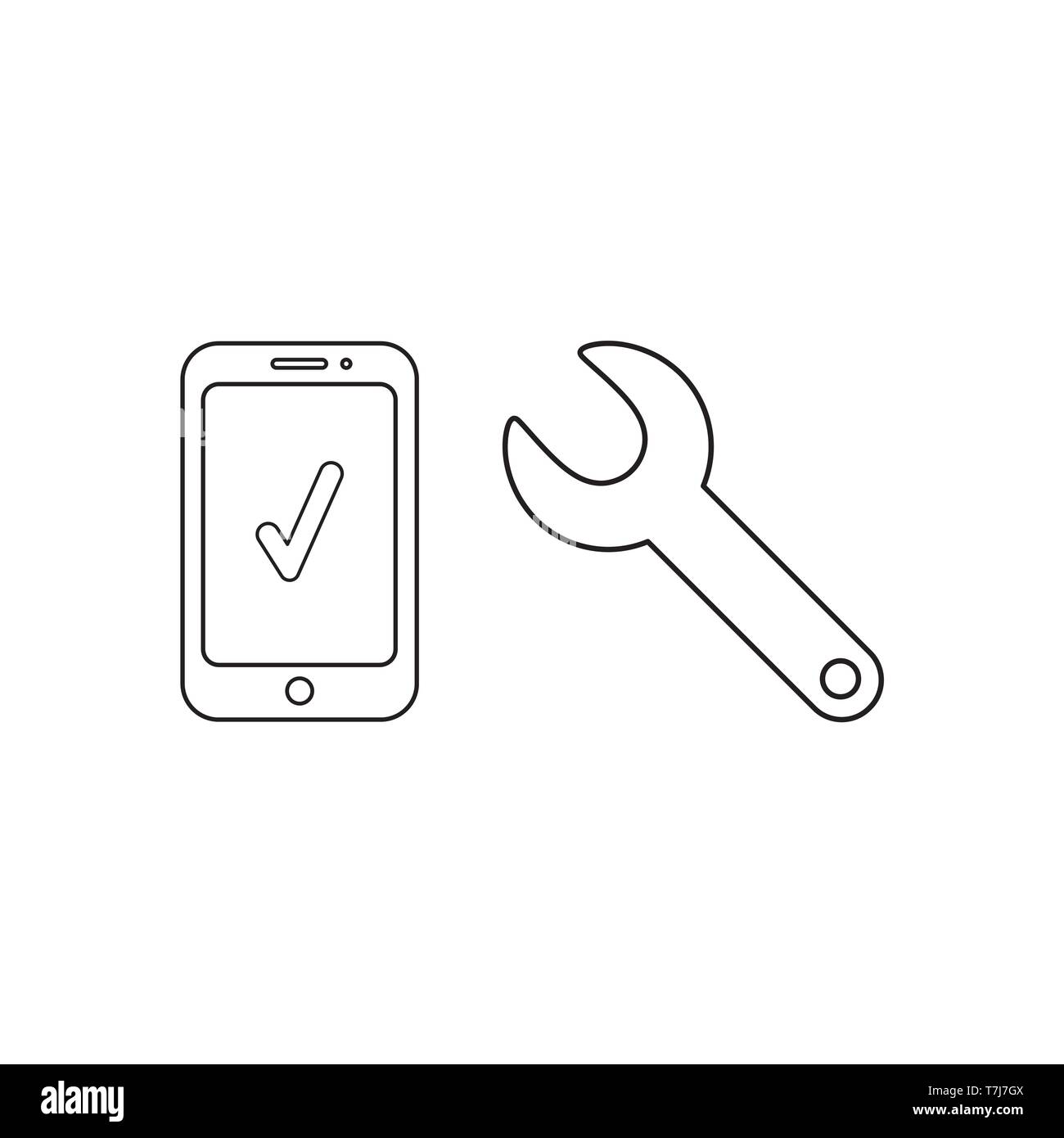Vector icon concept of smartphone with check mark and spanner. Black