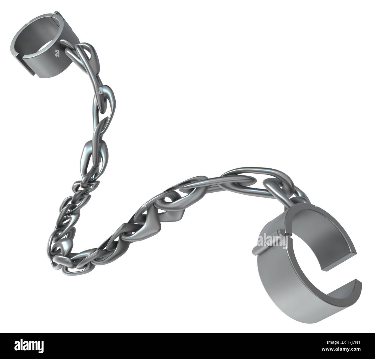 Shackles chain pull deformation grey metal 3d illustration, isolated