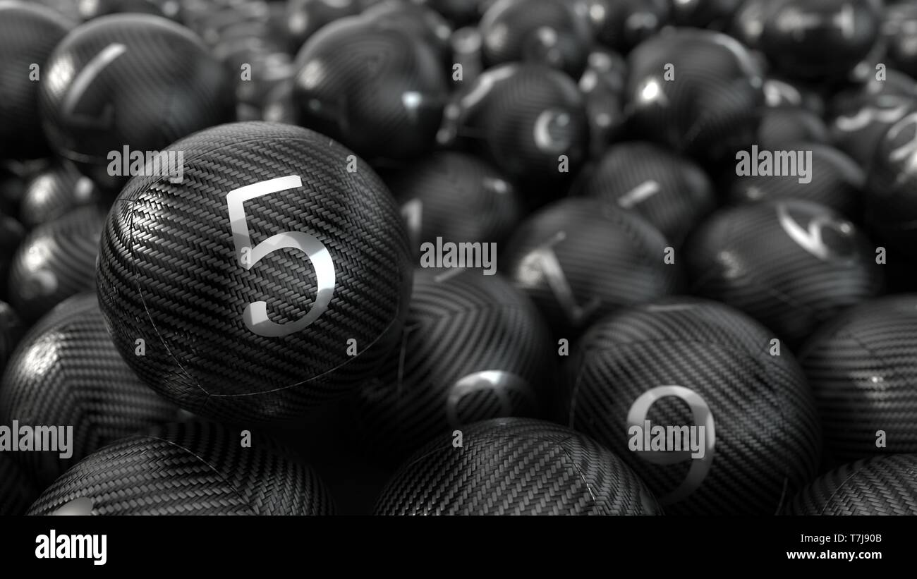 Carbon fiber lottery balls with metal numbers. 3d illustration Stock Photo
