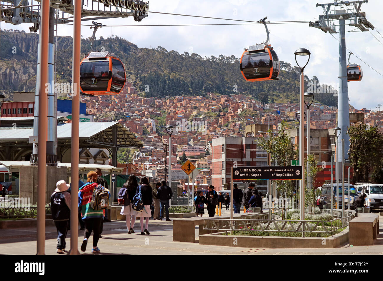 La Paz-El Alto Cable Cars or Mi Teleferico As Seen from the Downtown La Paz, Bolivia Stock Photo