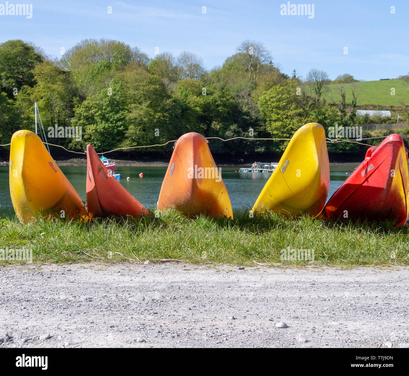 rows of brightly coloured kayaks on the side of a track by the seashore Stock Photo