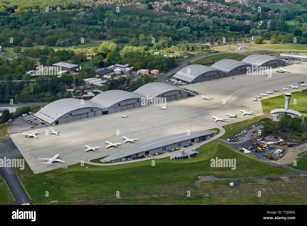An aerial view of Farnborough Airport, South East England, UK Stock Photo