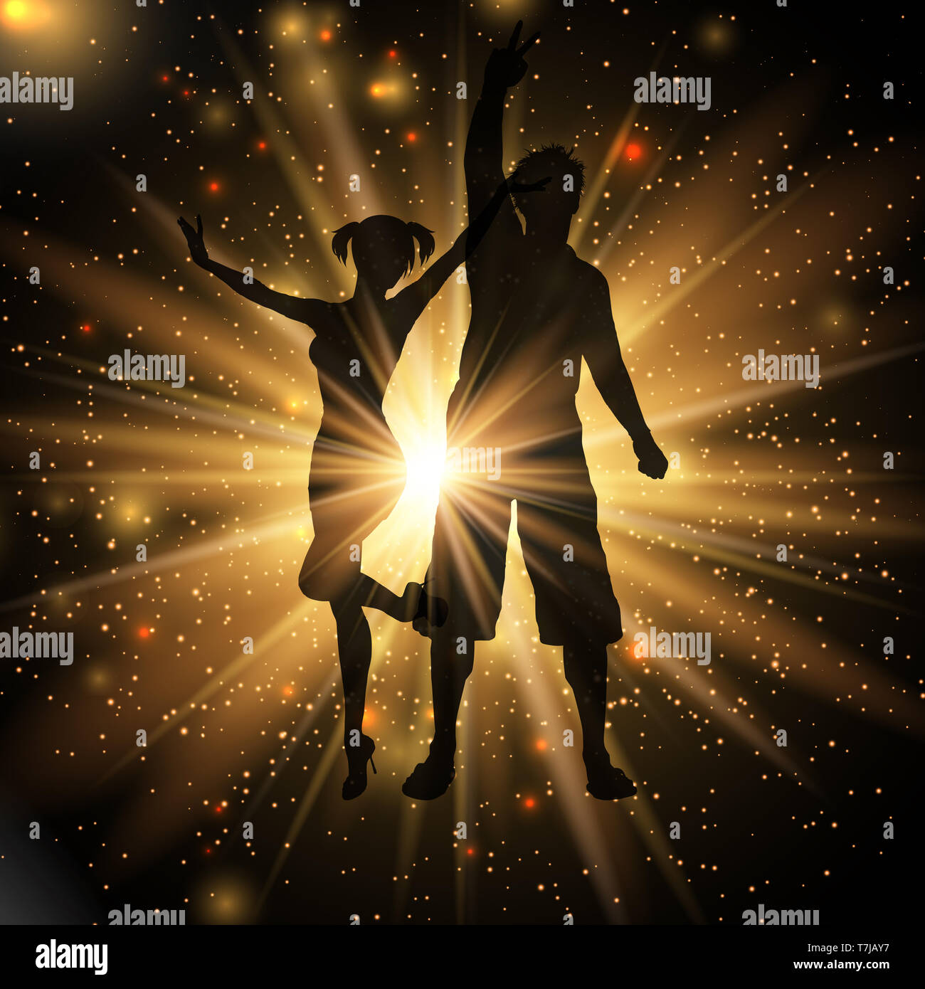 Silhouette of a party couple on a gold starburst background Stock Photo ...