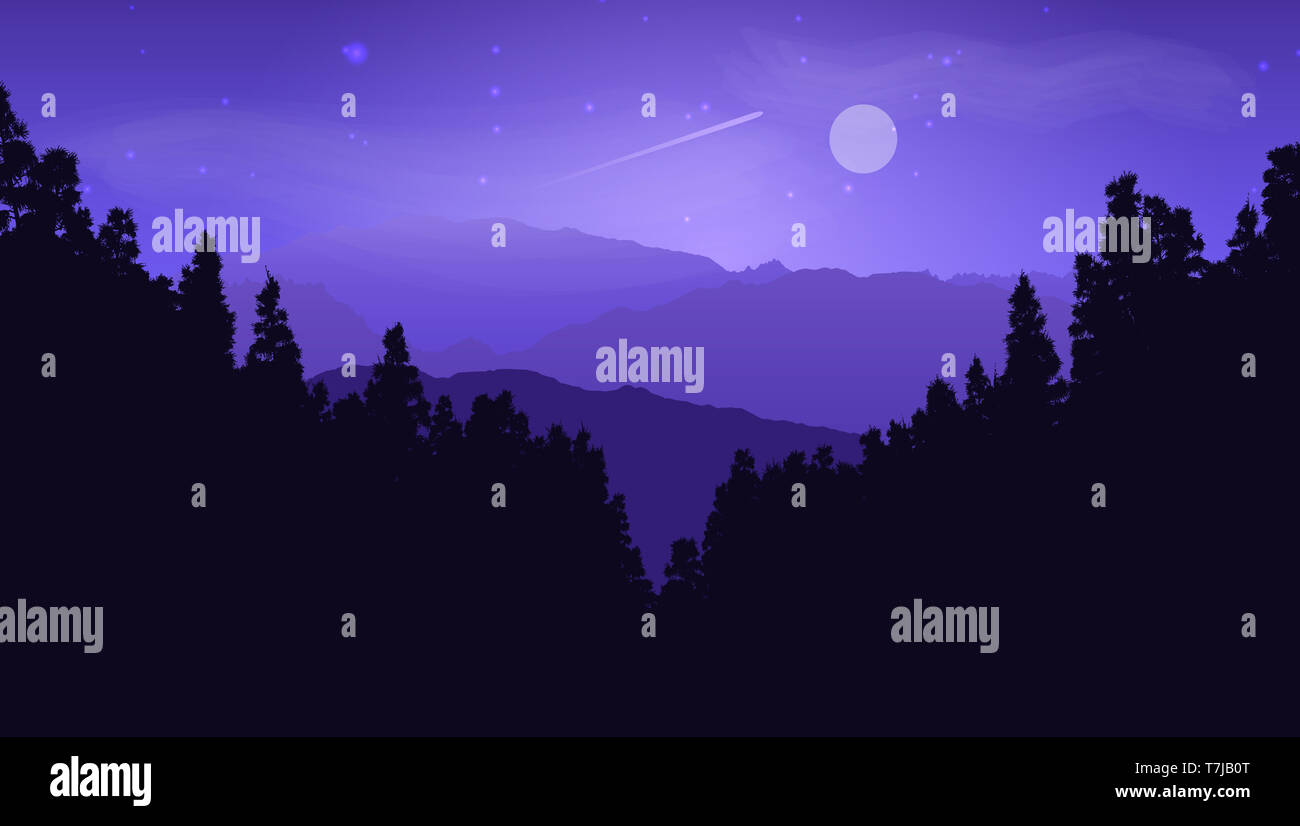 Silhouette of a pine tree landscape against a moonlit sky Stock Photo ...