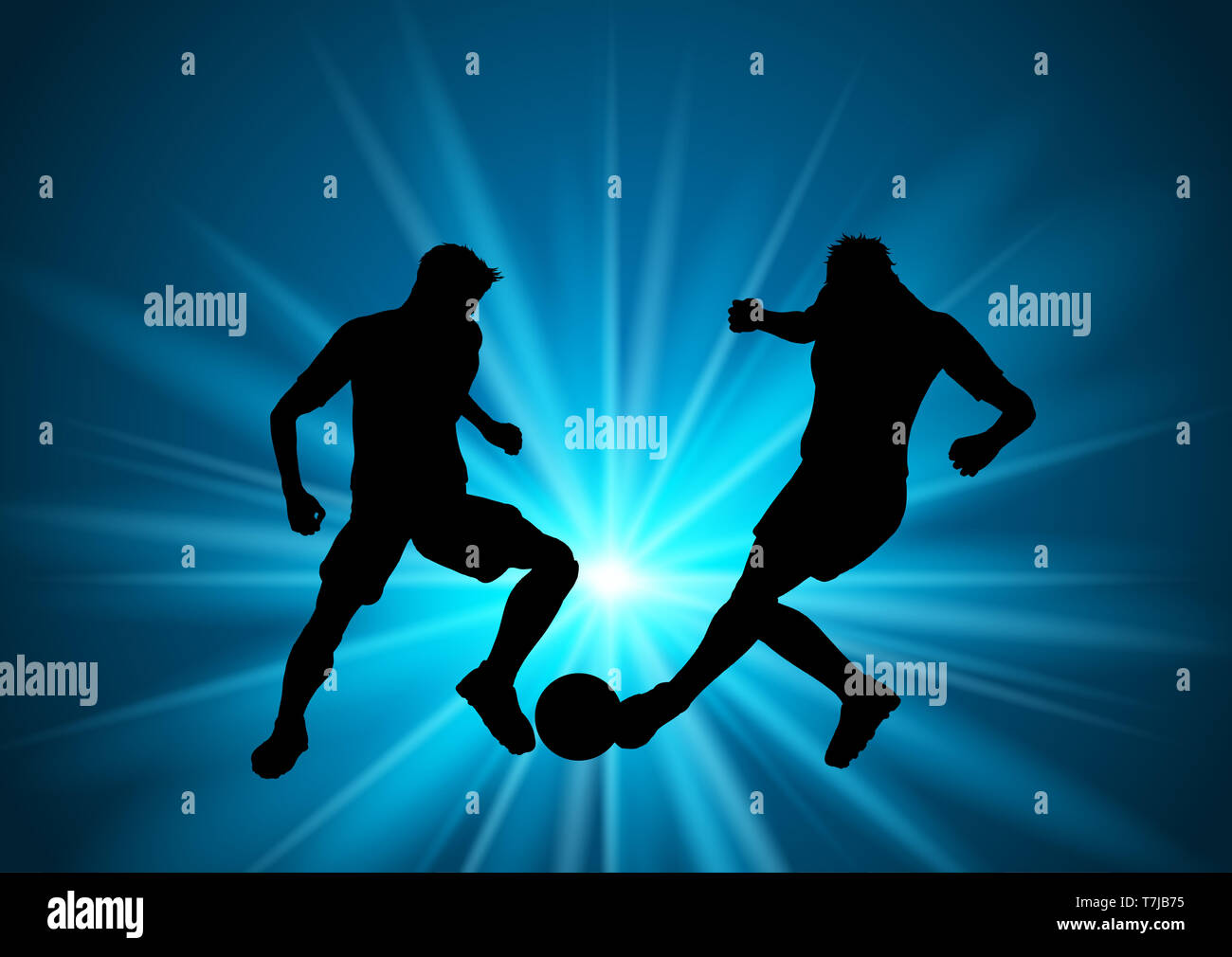 Silhouettes of football or soccer players on a starburst background
