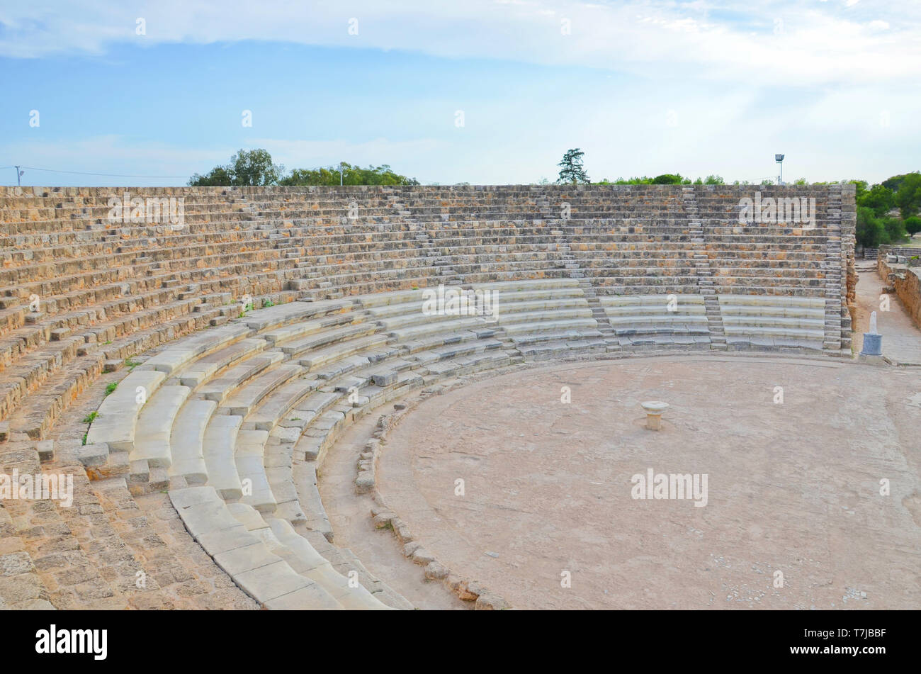 Well preserved ruins of ancient outdoor theatre in Cypriot Salamis, Turkish Northern Cyprus. Salamis was a significant Greek city-state. Stock Photo