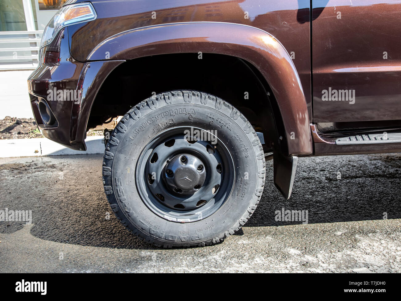 Samara, Russia - May 4, 2019: Close up view of UAZ Patriot vehicle wheel with tire Stock Photo