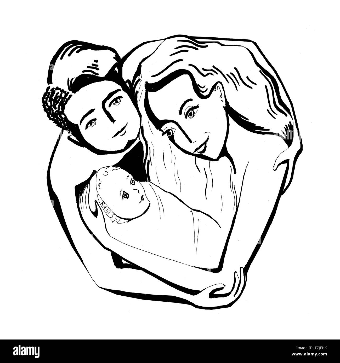 hand draw circle illustration Happy young parents hugging a small baby line art Stock Photo