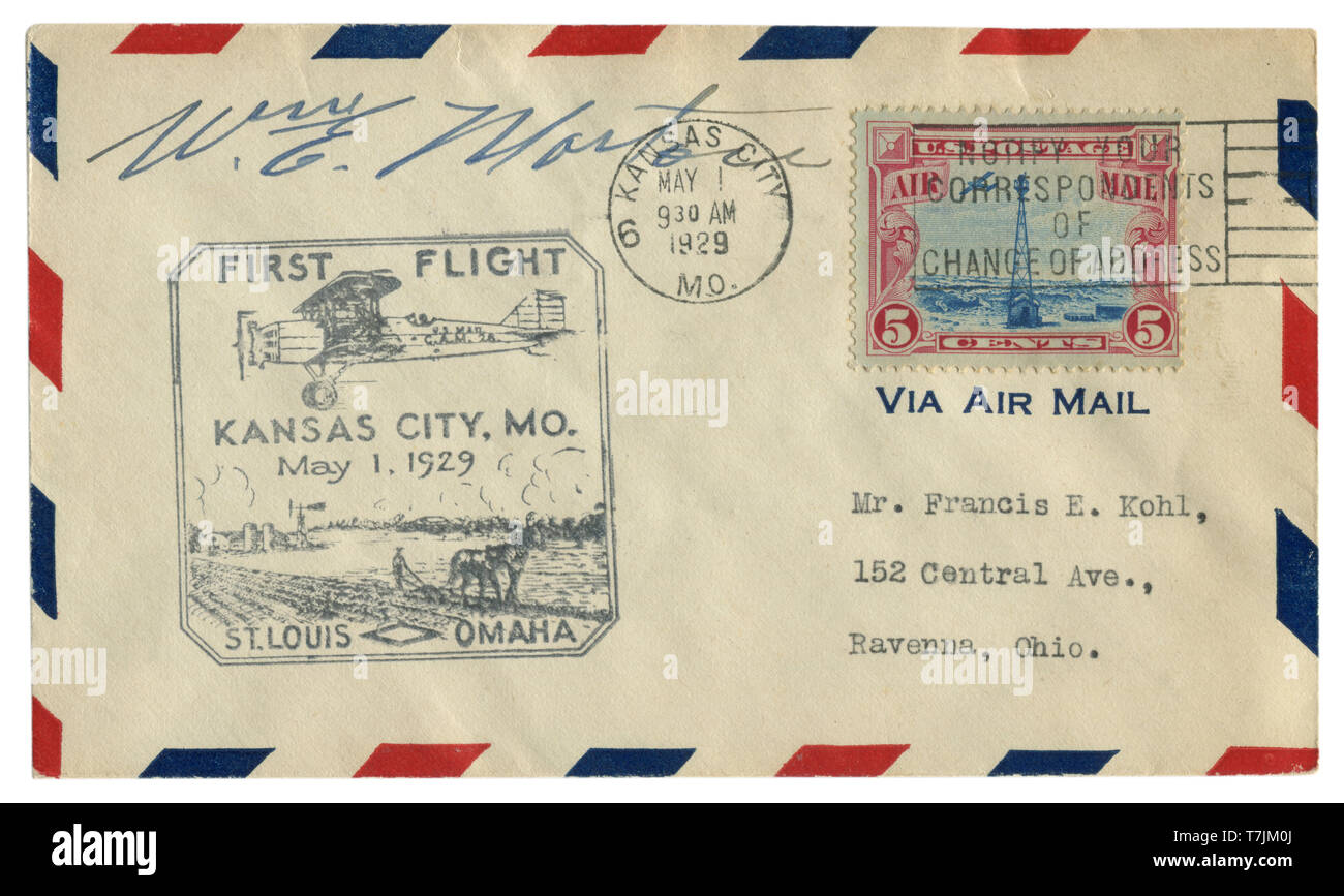 Kansas City, Missouri, The USA  - 1 MAY 1929: US historical envelope: cover with cachet first flight St. Louis, Omaha, airplane flying over the farm Stock Photo