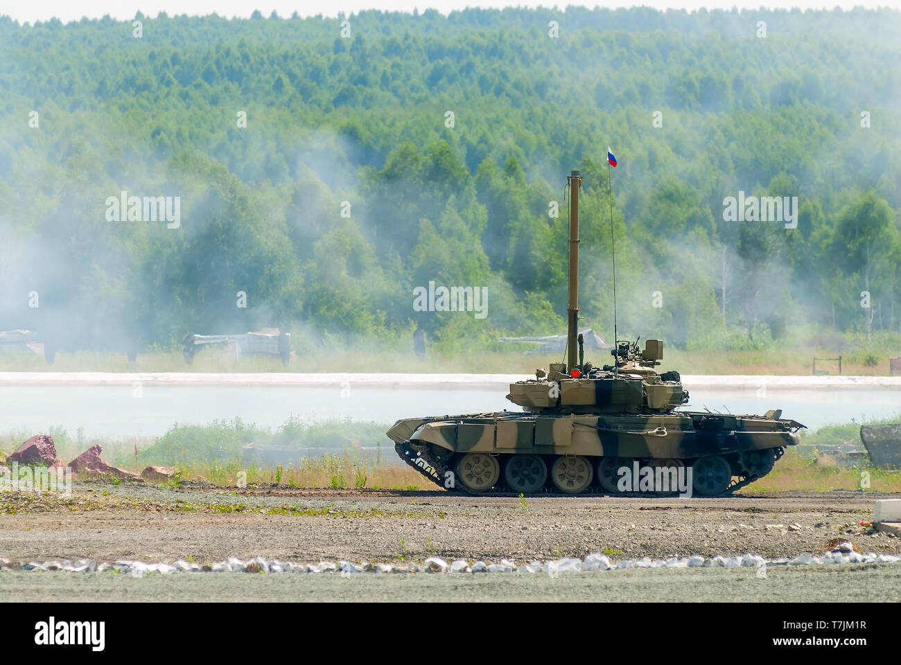 Nizhniy Tagil, Russia - July 12. 2008: T80 tank with equipment for speeding up of water crossing. Russia Arms Expo exhibition Stock Photo