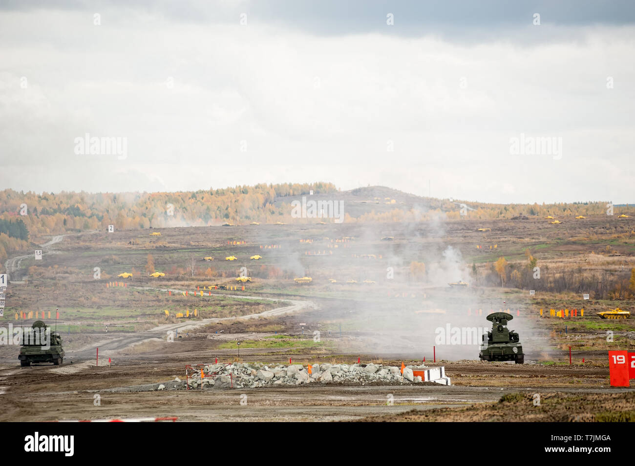 Nizhniy Tagil, Russia - September 26. 2013: Antiaircraft gun missile system ZSU-23-4M4 Shilka-M4 and Tunguska M1. Display of fighting opportunities of Stock Photo