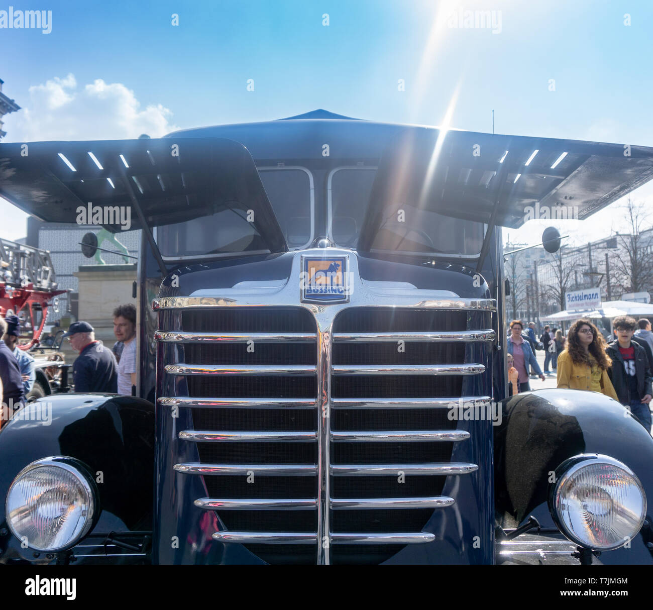 Braunschweig, Germany, April 7., 2019: Front view of a buessing truck with chrome strips and reflections of the sun Stock Photo