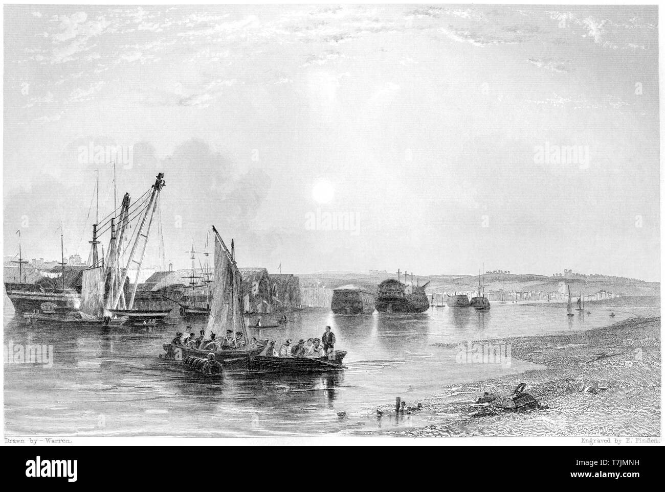 An engraving of Chatham with the Dockyard scanned at high resolution from a book published in 1842.  Believed copyright free. Stock Photo