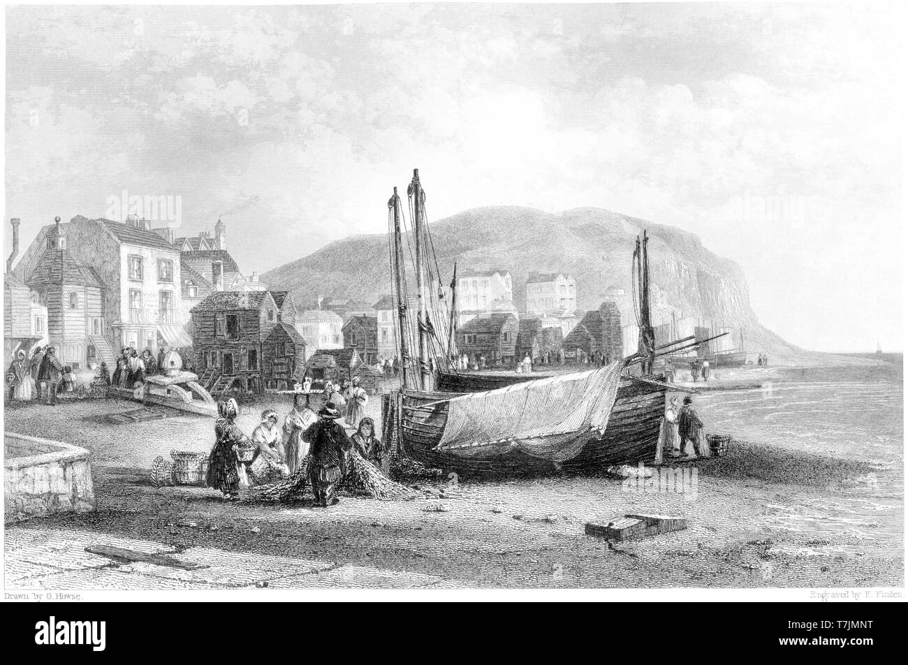 An engraving of Hastings - View on the Beach scanned at high resolution from a book published in 1842.  Believed copyright free. Stock Photo