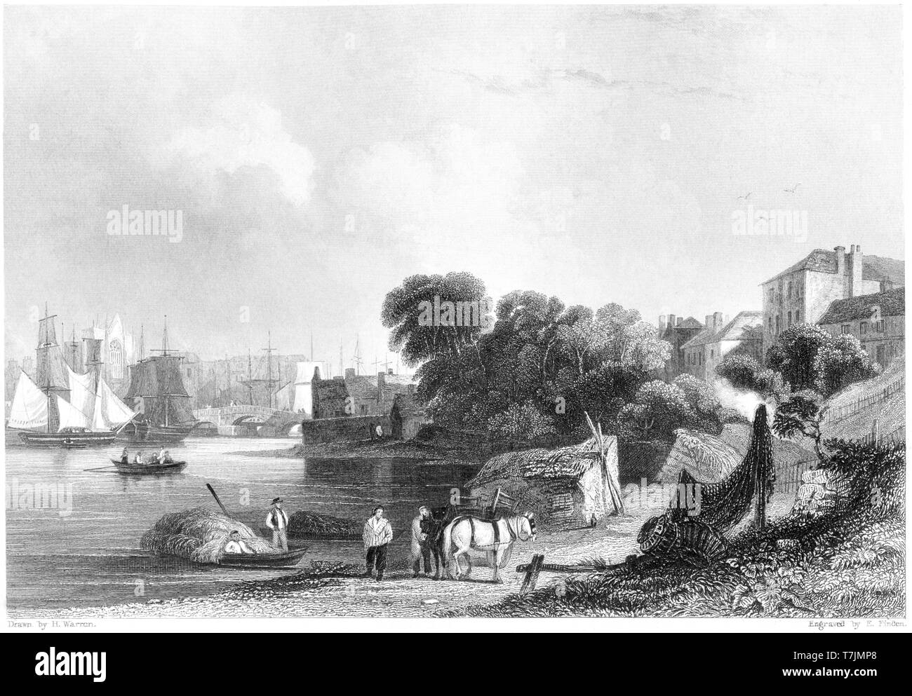 An engraving of Weymouth with the Harbour scanned at high resolution from a book published in 1842.  Believed copyright free. Stock Photo