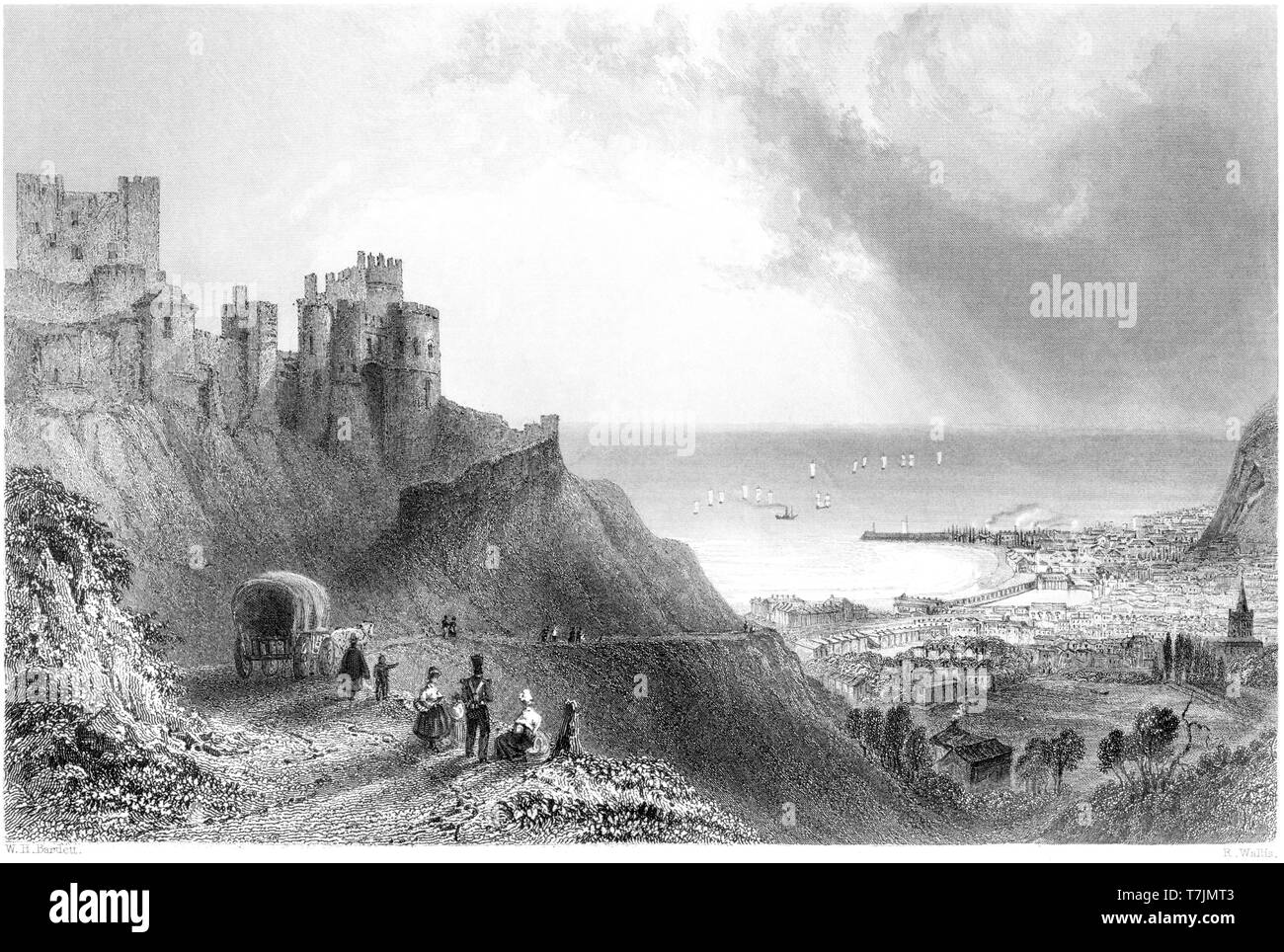 An engraving of Dover with the Castle scanned at high resolution from a book published in 1842. Believed copyright free. Stock Photo