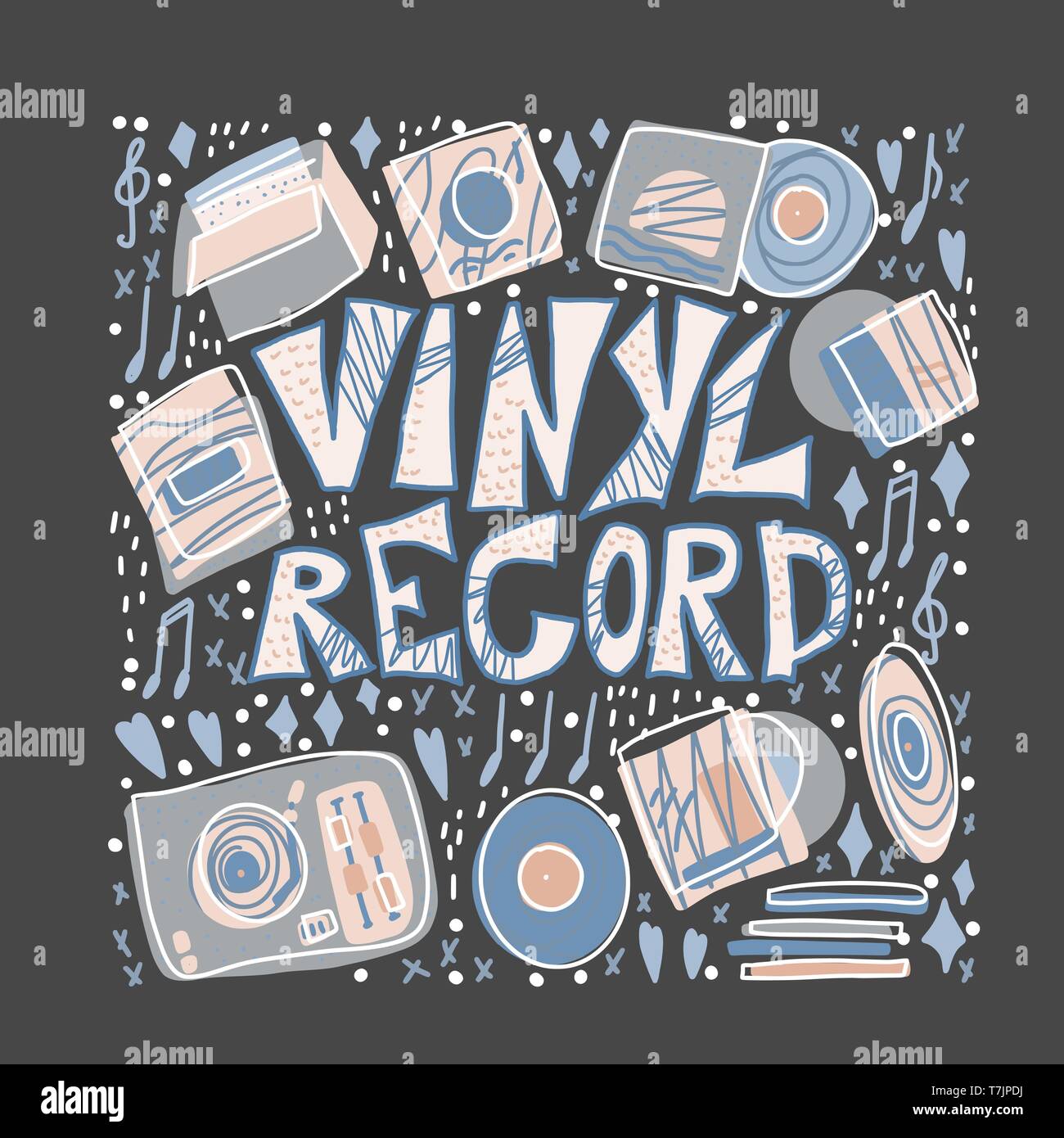 Vinyl record card. Text with musical symbols. Vector color illustration