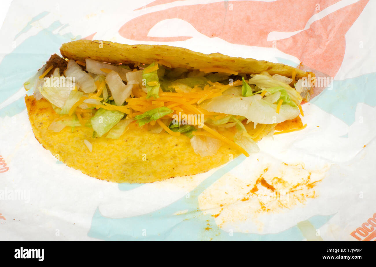 Taco Bell crunchy taco on wrapper Stock Photo