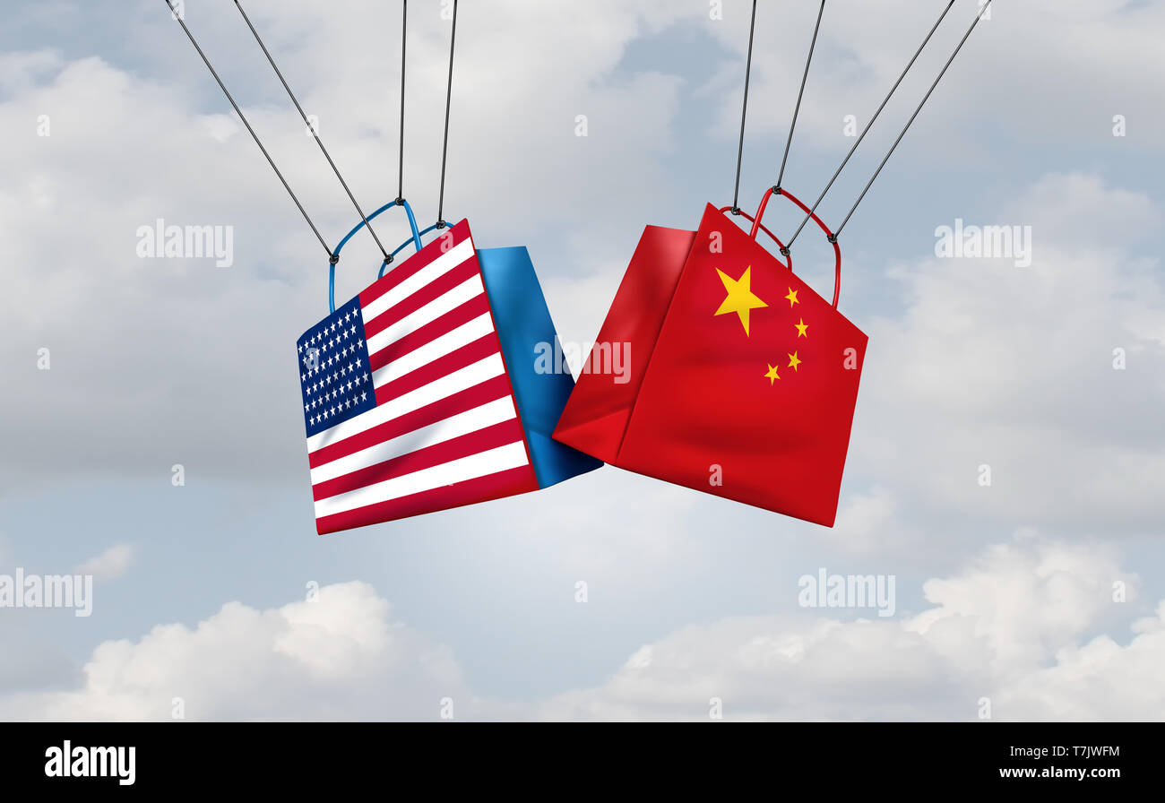Trade war China and the United States or American tariffs as two groups of opposing consumer shopping bags as an economic  taxation dispute. Stock Photo