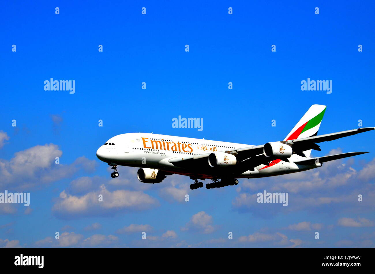 Barcelona, Spain, September 30, 2018, Airbus A380800 Emirates plane, landing at the El Prat