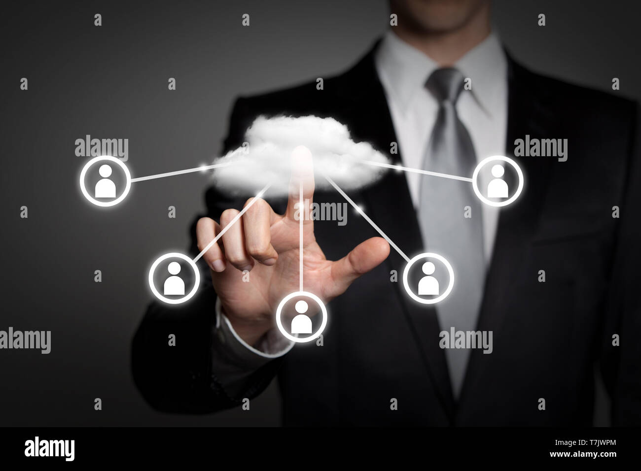 internet, technology, network, business concept - businessman in suit presses virtual touchscreen interface - cloud computing Stock Photo