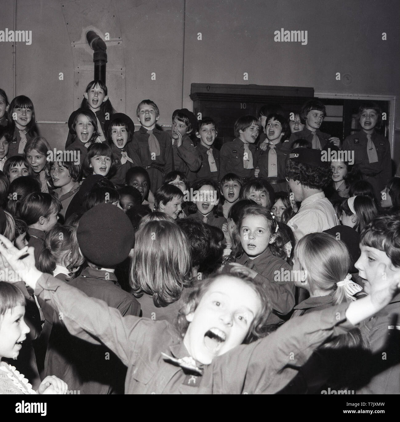 1964, historical, group of happy, excited young byos an girls