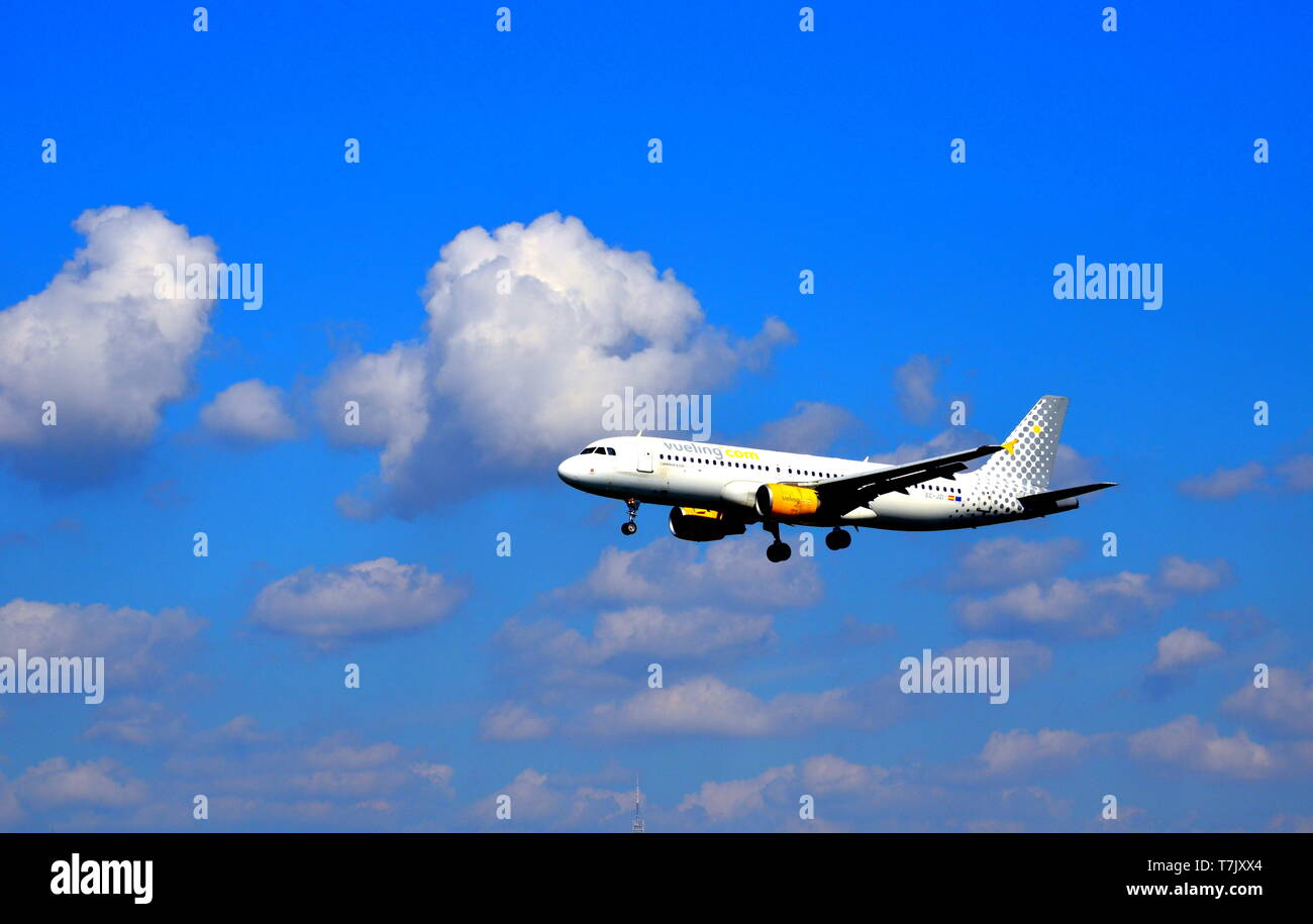 Barcelona, Spain, September 30, 2018, Airbus A320 Vueling plane, landing at El Prat airport