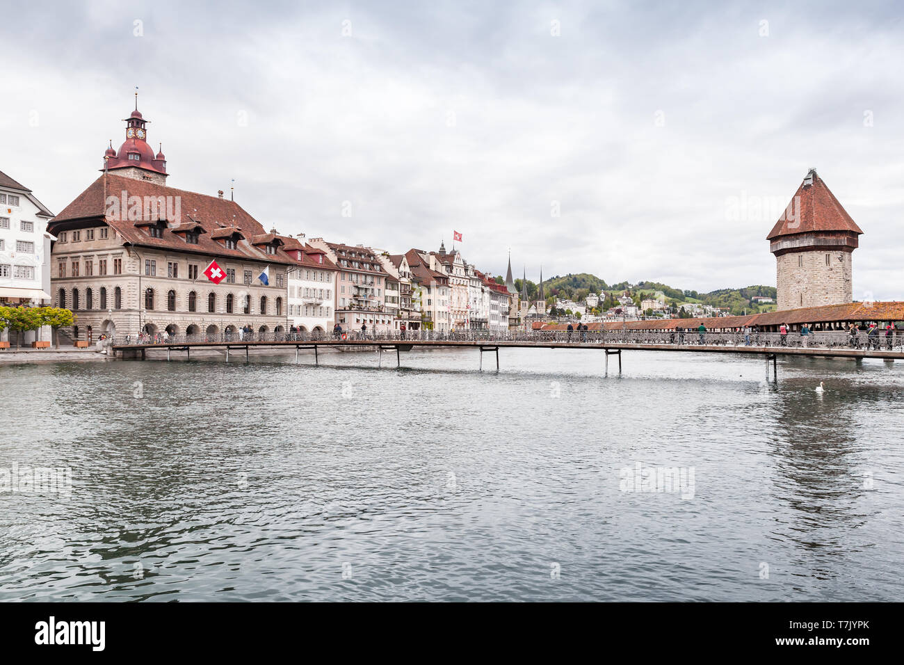 Lucerne cityscape with Chapel Bridge and ancient Water Tower. Switzerland Stock Photo