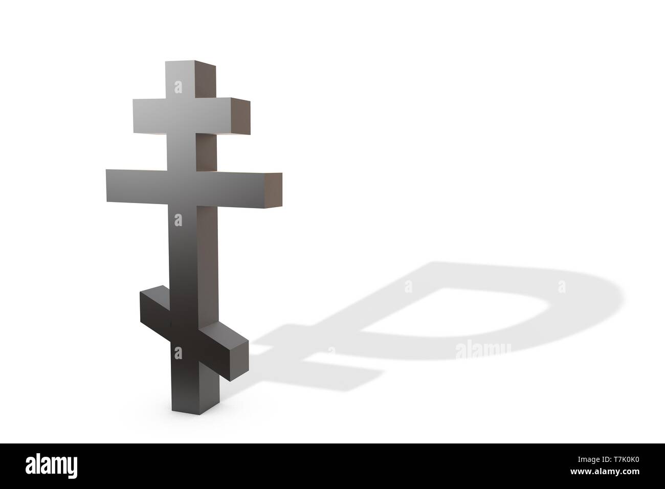 3d illustration: Black Christian Orthodox cross with a shadow in the shape of a rouble symbol  isolated on white background. The concept of business.. Stock Photo