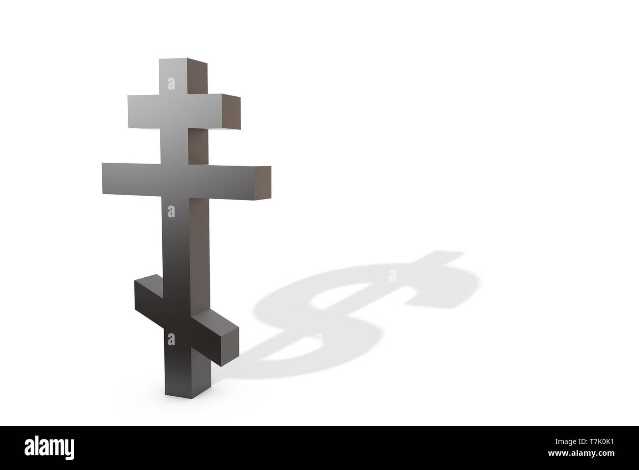 3d illustration: Black Christian Orthodox cross with a shadow in the shape of a dollar symbol  isolated on white background. The concept of business.. Stock Photo