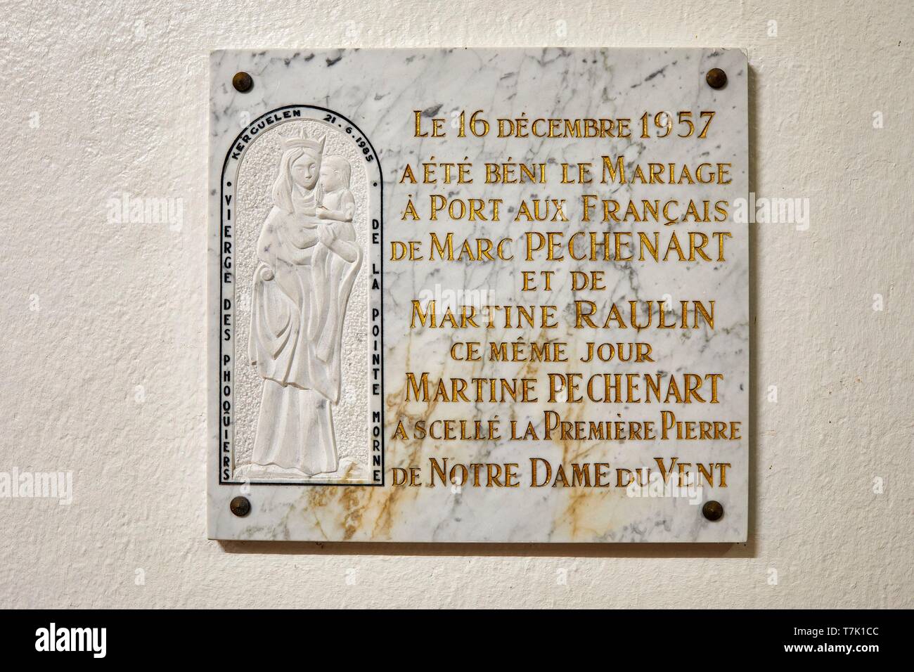 France, French Southern and Antarctic Territories (TAAF), Kerguelen  Islands, Port-aux-Français, Commemorative tablet in the church of Notre-dame -des-Vents Stock Photo - Alamy