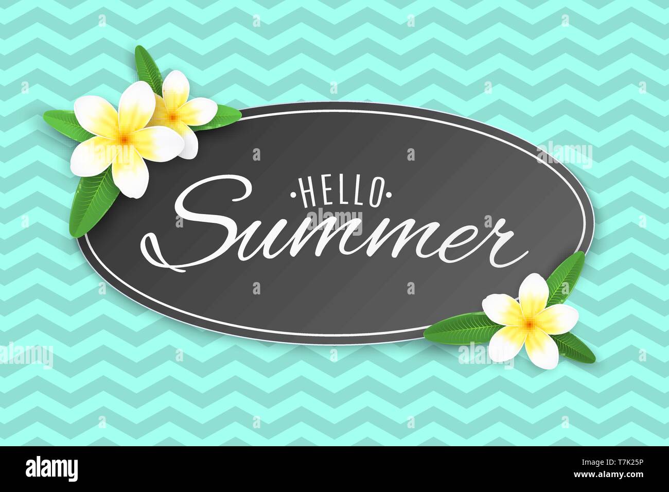 Summer label with tropical plumeria flowers. Phrase Hello Summer. Template for your project. Abstract pattern. Summer collection. Vector illustration. Stock Vector