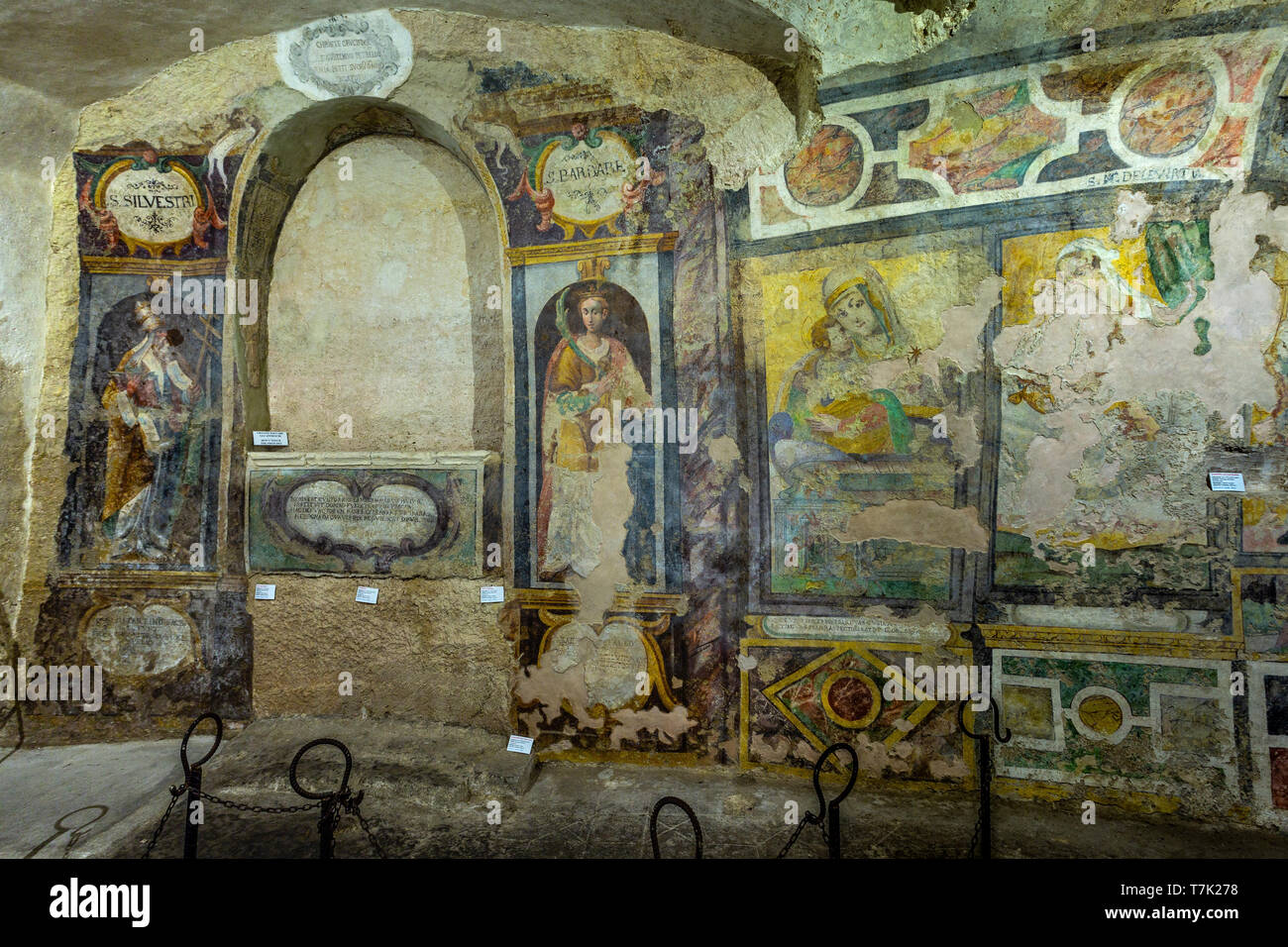Ancient frescoes in saint Julian crypt. cave church. Matera Stock Photo