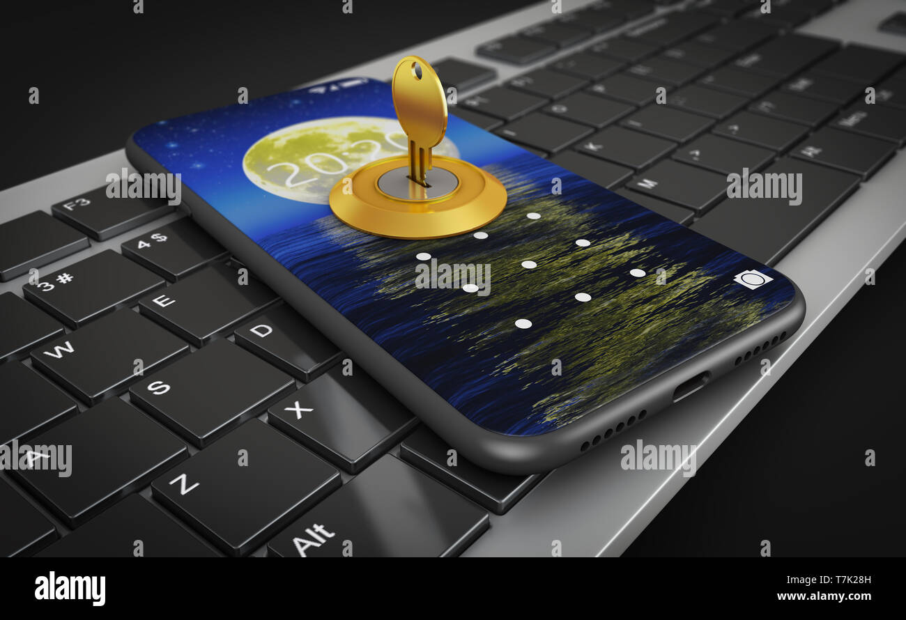 Smartphone with a lock and key on the keyboard. 3d render Stock Photo