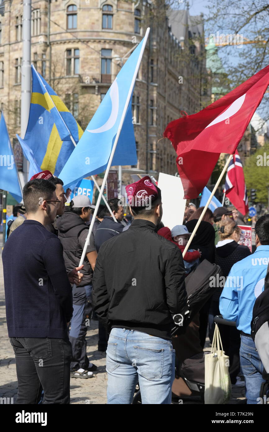 Turks and Uigurians demonstrating against family members missing in the retraining camps in Xinjian in China.  Nybroplan Stockholm, Sweden. May 2019 Stock Photo