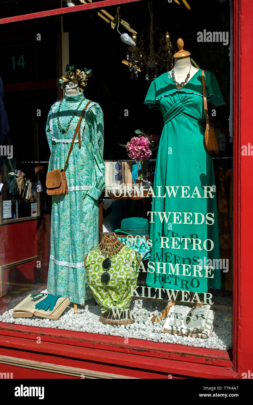 Vintage clothes in the the window of Armstrong's vintage clothing store