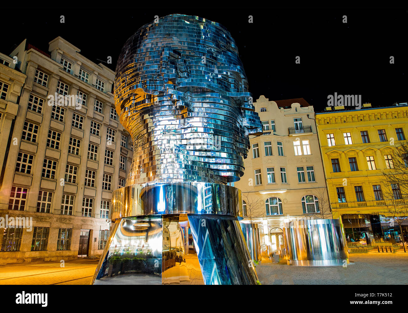 Prague, Czech Republic, April 4, 2019. Metalmorphosis Rotating 42-Layer Sculpture of Franz Kafka’s Head by David Cerny at the evening with electrical  Stock Photo