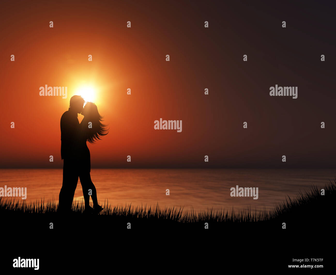 3D render of a silhouette of a couple kissing against a sunset ocean ...