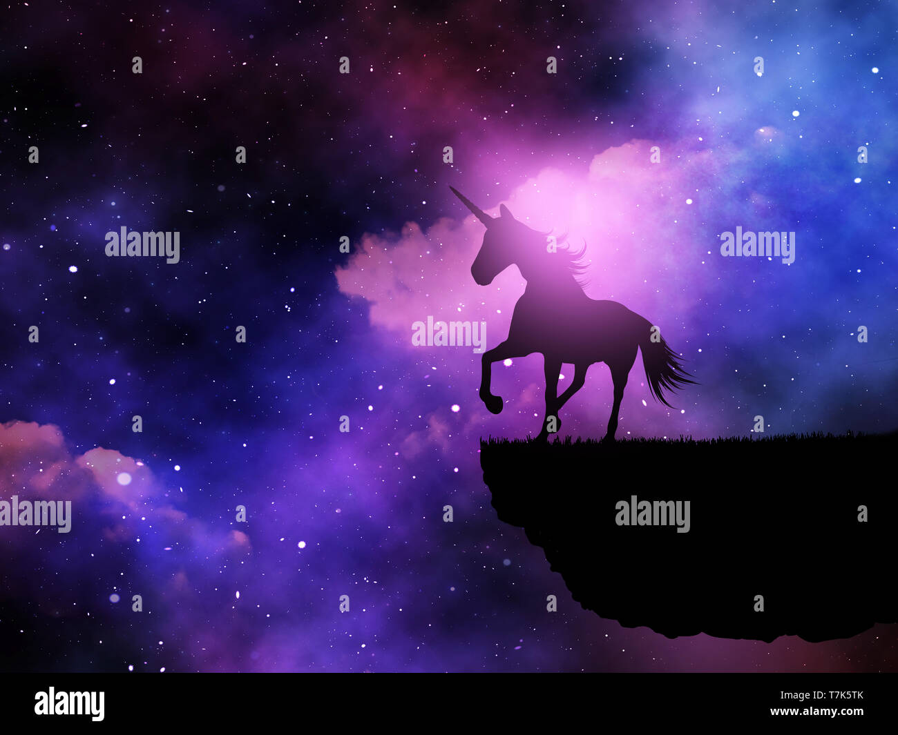 3D render of a silhouette of a fantasy unicorn against a space night ...