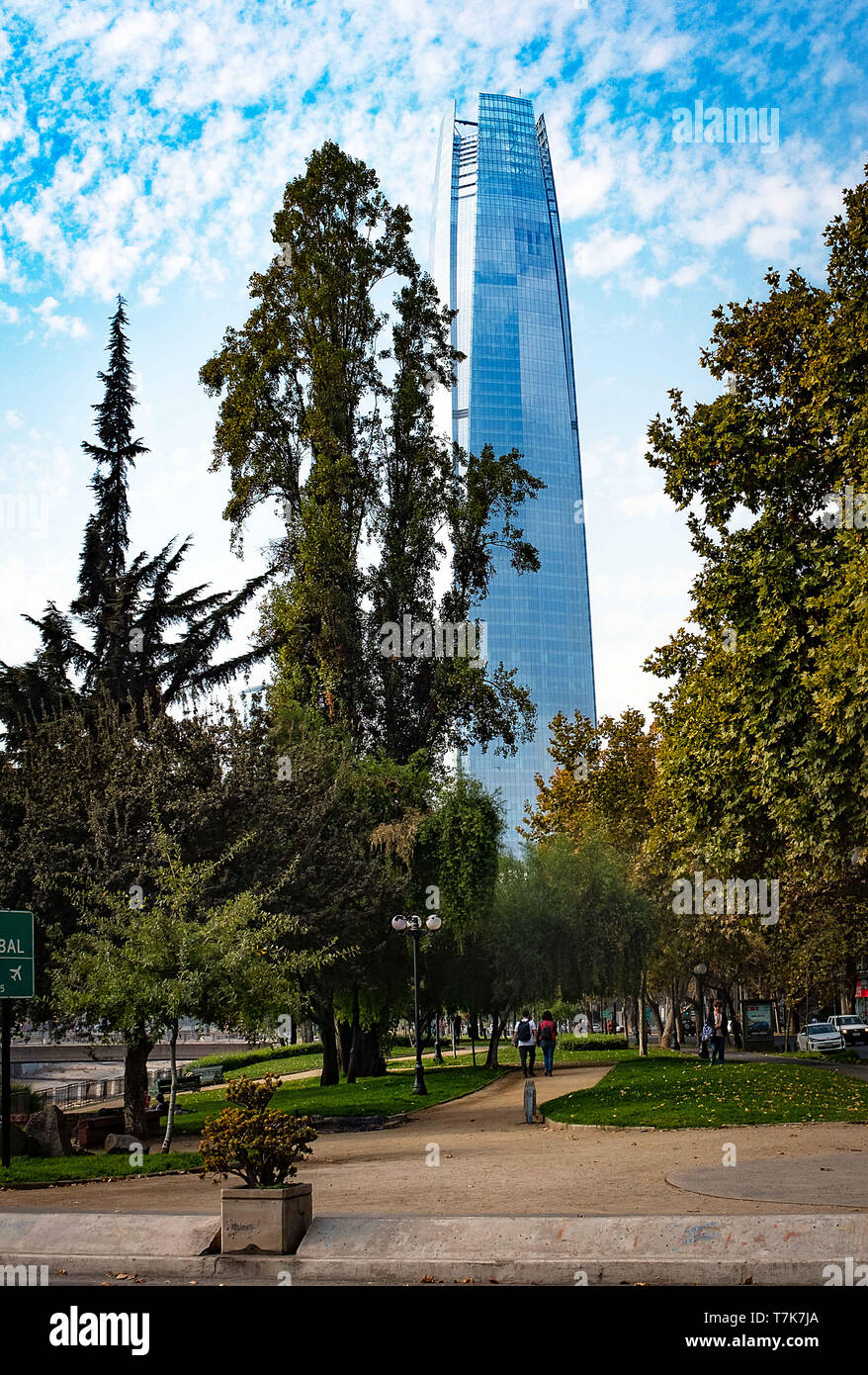 April 2019: The 64-story Gran Torre Santiago is the tallest building in Latin American and the second tallest building in the Southern Hemisphere as viewed from Parque Metropolitano, Santiago, Chile. Stock Photo