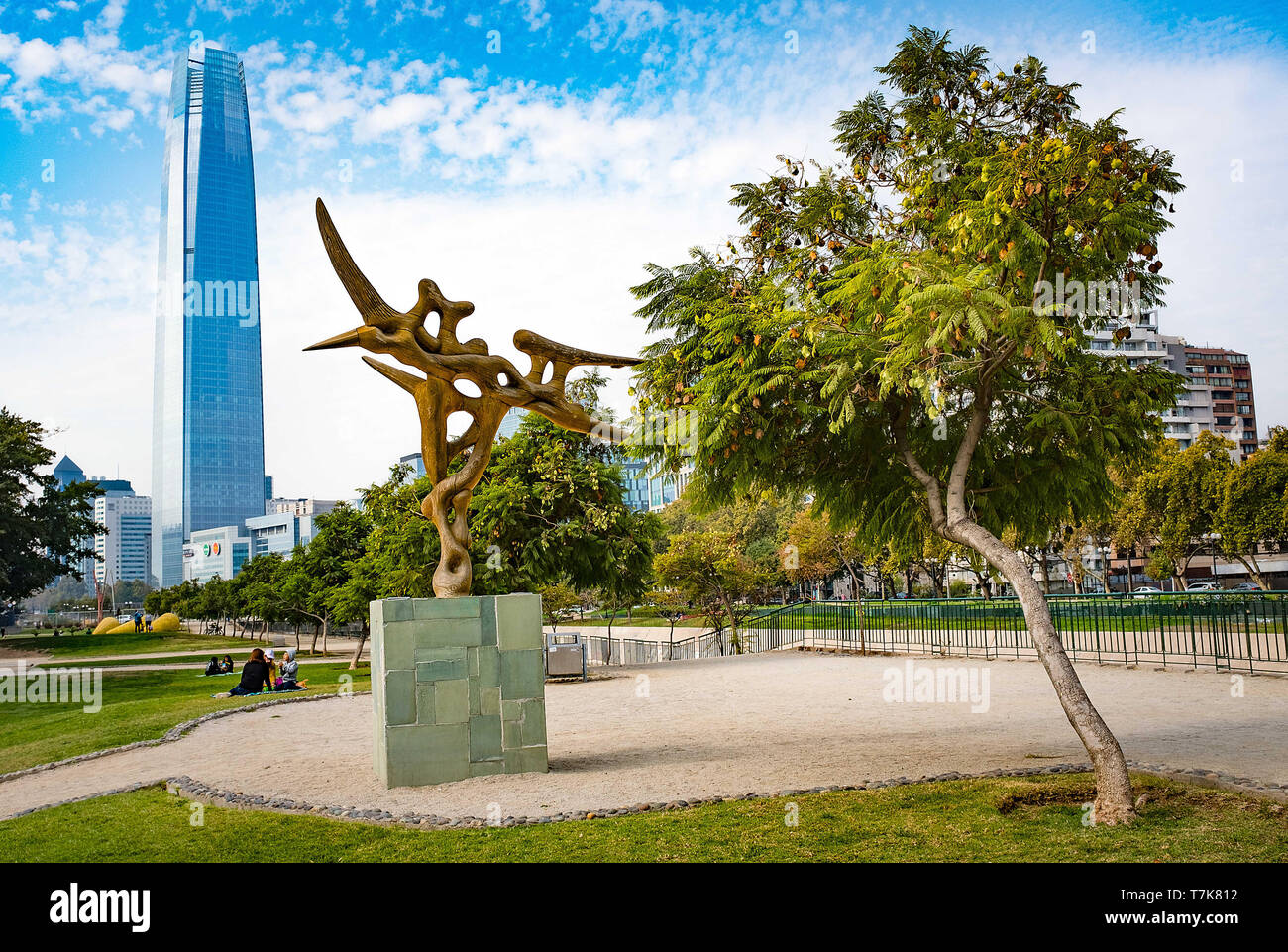 April 2019: The 64-story Gran Torre Santiago is the tallest building in Latin American and the second tallest building in the Southern Hemisphere as viewed from Parque Metropolitano, Santiago, Chile. Stock Photo
