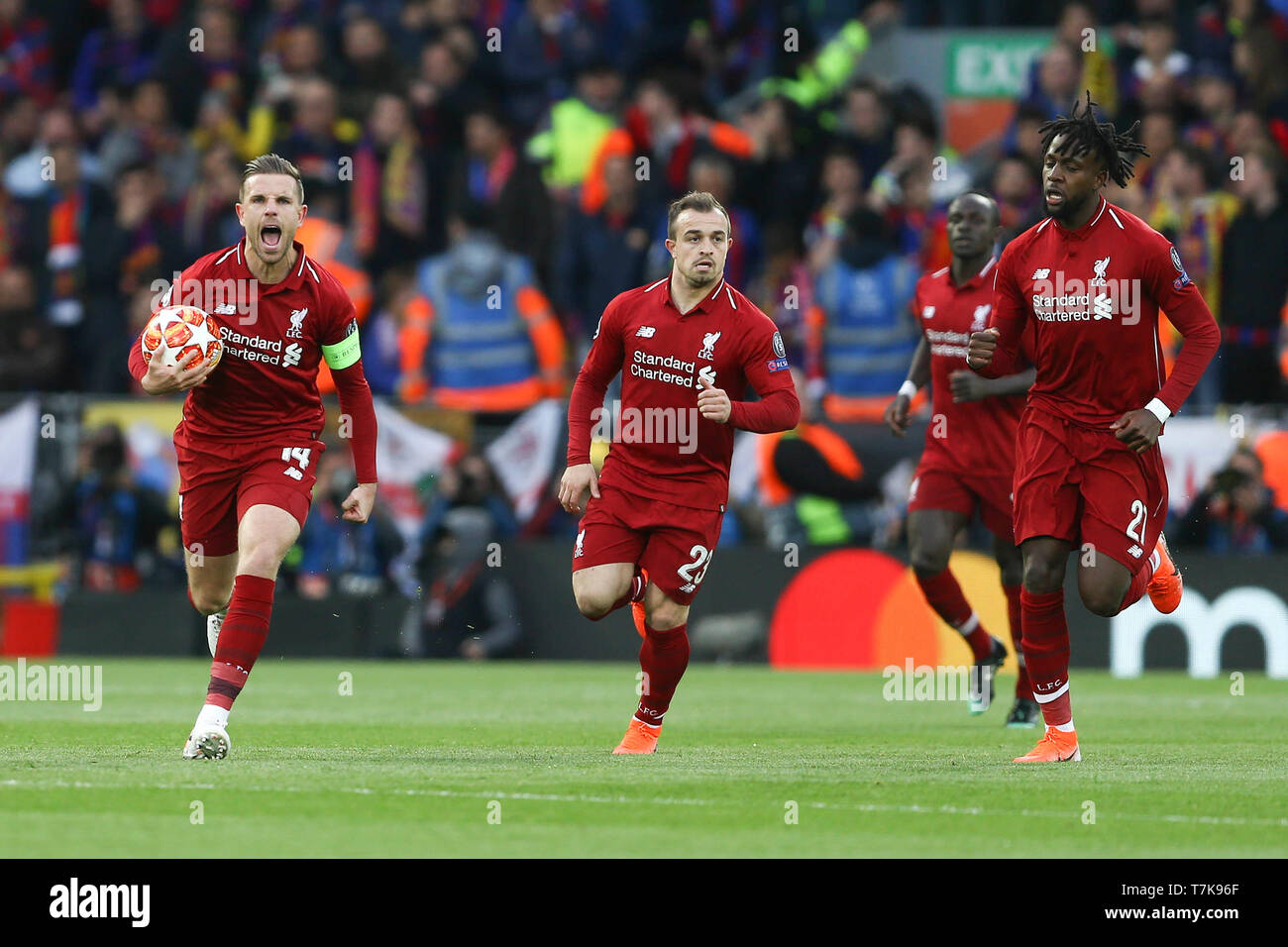 Divock Origi Of Liverpool Far Right Celebrates With His Teammates Including Jordan Henderson The Liverpool Captain Left With Ball After Scoring His Teams 1st Goal Uefa Champions League Semi Final 2nd Leg