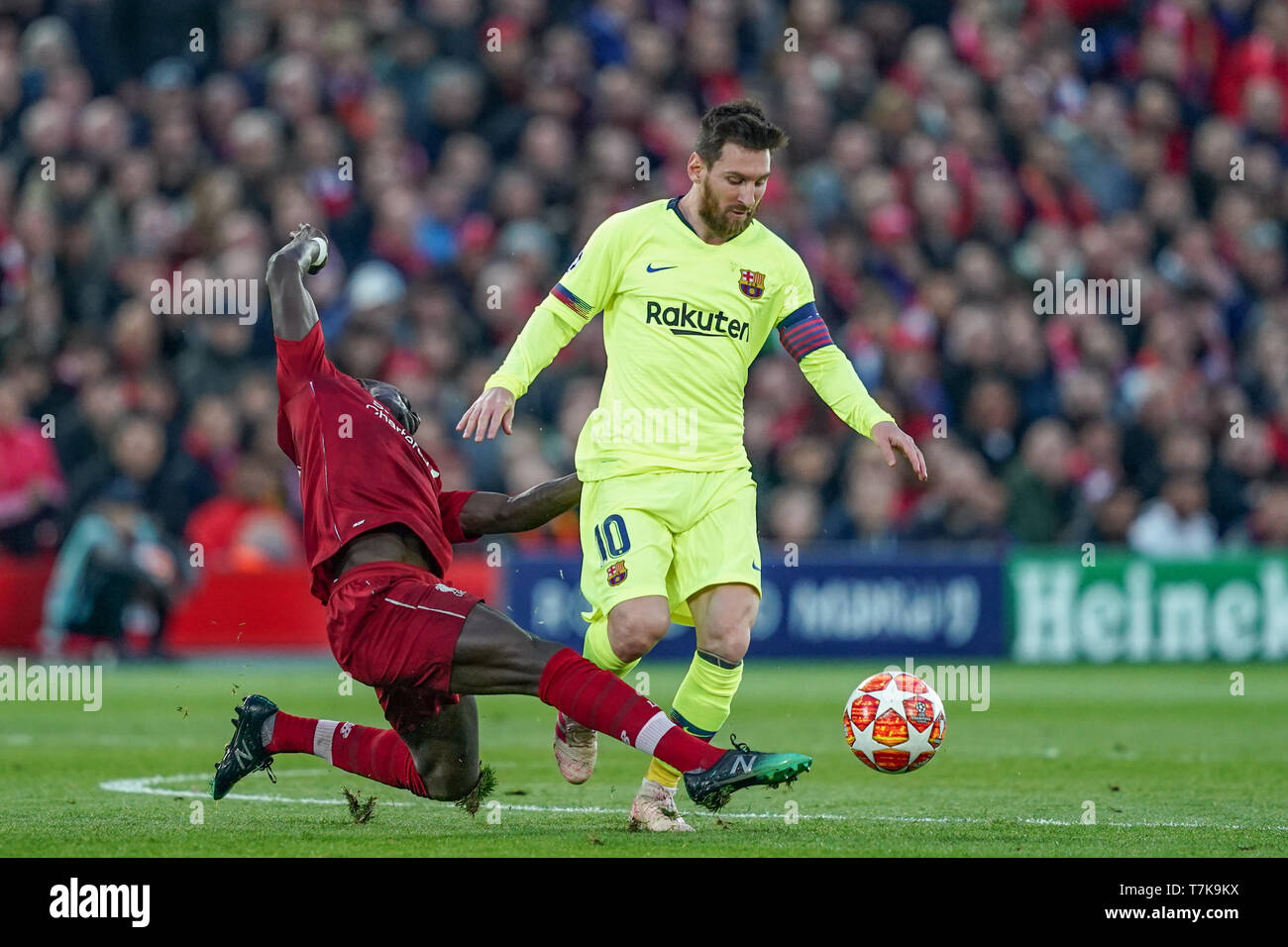 Liverpool, UK. 07th May, 2019. 7th May 2019, Anfield Stadium, Liverpool,  England; UEFA Champions League Semi Final, Second Leg, Liverpool FC vs FC  Barcelona ; Sadio Mane (10) of Liverpool slides in