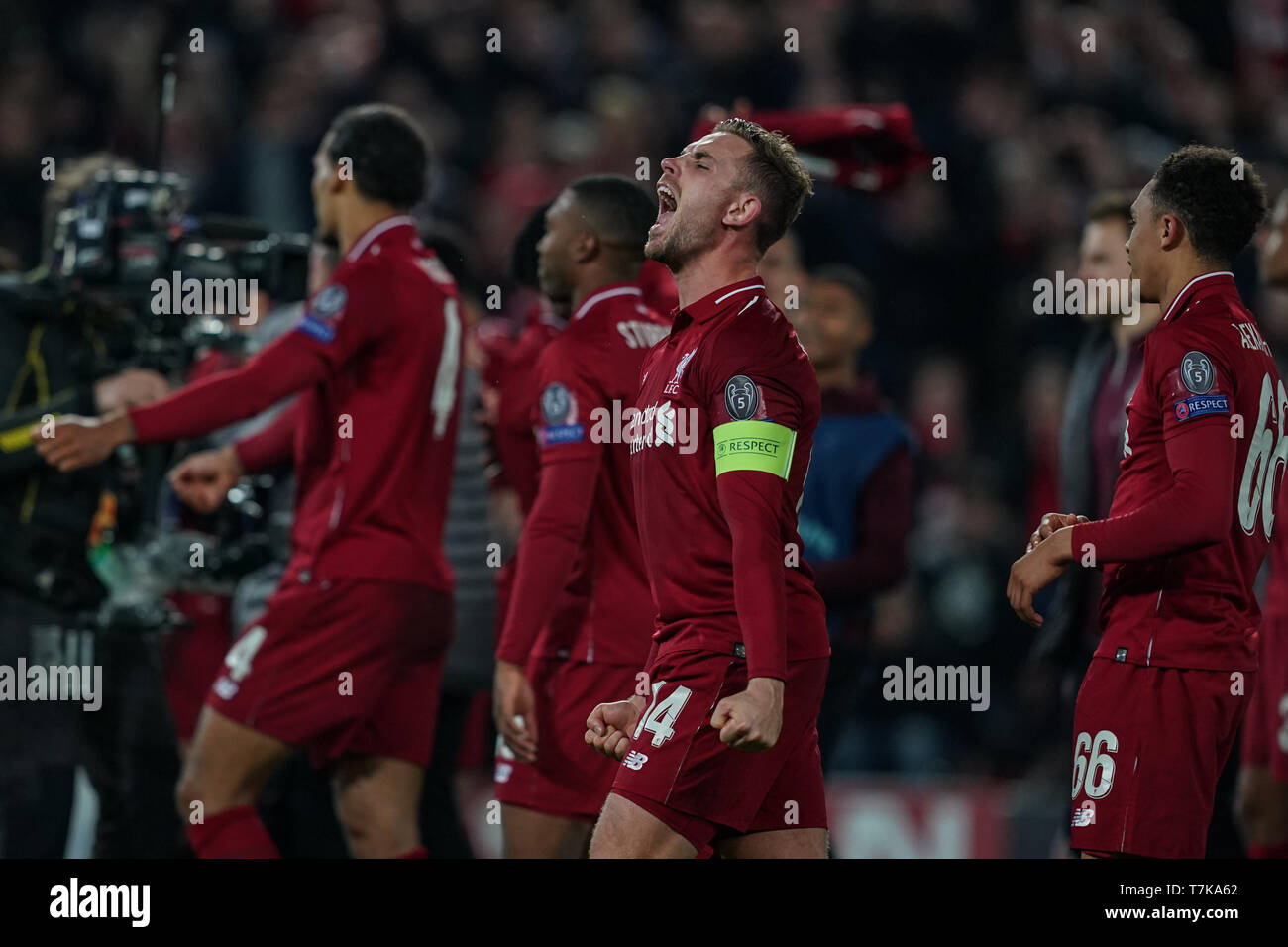 Anfield Stadium, Liverpool, England; UEFA Champions League Semi Final, Second Leg, Liverpool FC vs FC Barcelona ;, Jordan. 7th May, 2019. Henderson (14) of Liverpool celebrate their 4-0 win over Barcelona to go through to the final Credit: Terry Donnelly/News Images Credit: News Images /Alamy Live News Stock Photo