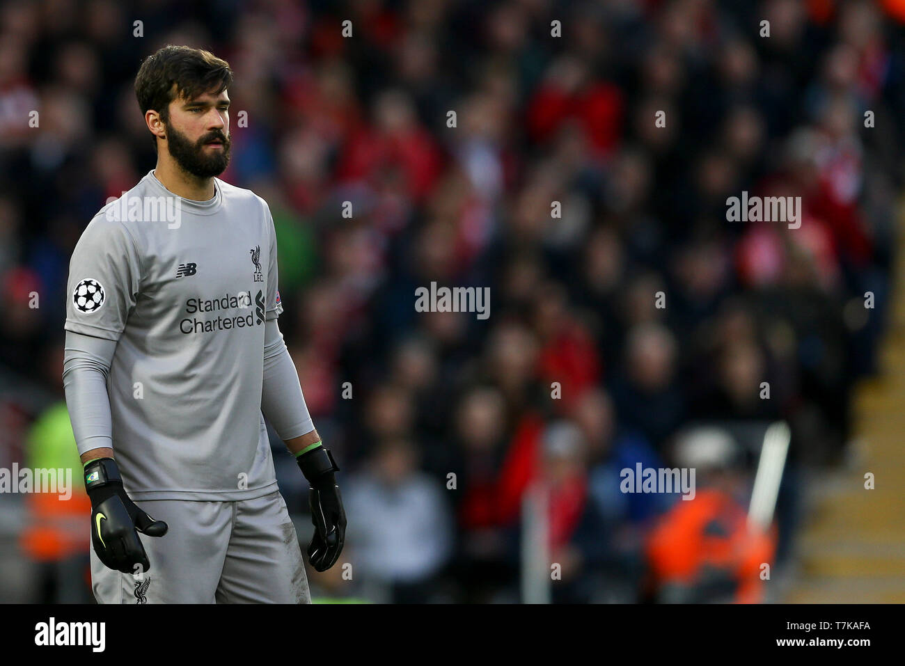 Liverpool, UK. 07th May, 2019. Liverpool Goalkeeper Alisson Becker looks  on. UEFA Champions league semi final, 2nd leg match, Liverpool v Barcelona  at Anfield Stadium in Liverpool on Tuesday 7th May 2019.