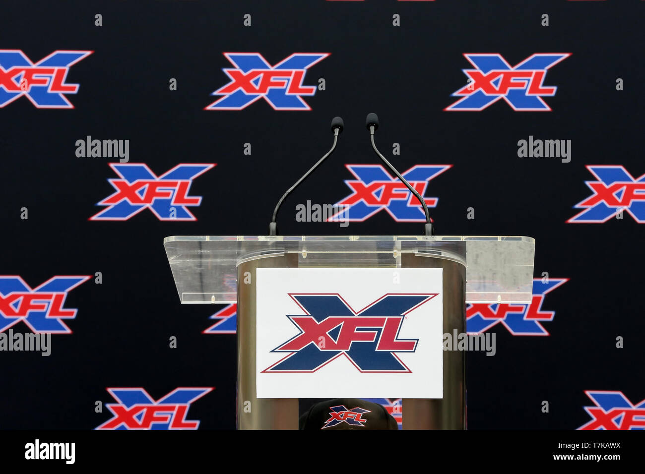 Setup for the press conference for XFL names Winston Moss Los Angeles Head Coach on May 7, 2019 (Photo by Jevone Moore) Stock Photo